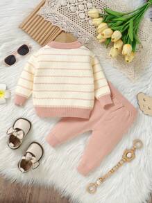 SHEIN Vintaside Kids 2pcs Baby Girl Casual Cute Striped Long Sleeve Cardigan With Fake Pocket Design & Knitted Pants Set, Soft & Comfortable For Daily Wear, Outing, Travel, Holiday, And Home Play - Apricot - View 2