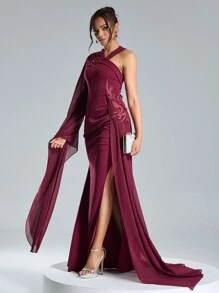 SHEIN Belle Rochie Roșu Bordeaux Formală Rochie Roșie Bodycon Cu Material Contrast Patchwork și Broderie, Rochie De Seară De Bal De Balul De Cercetători, Pentru Invitat Nunta, Absolvire, Cină - Burgundia - Vizualizare 4