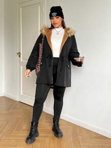 SHEIN EZwear Parka noire doublée polaire grande taille avec col amovible en fausse fourrure, taille cintrée. Manteau ample et ajusté réversible pour l'automne/l'hiver, thermique