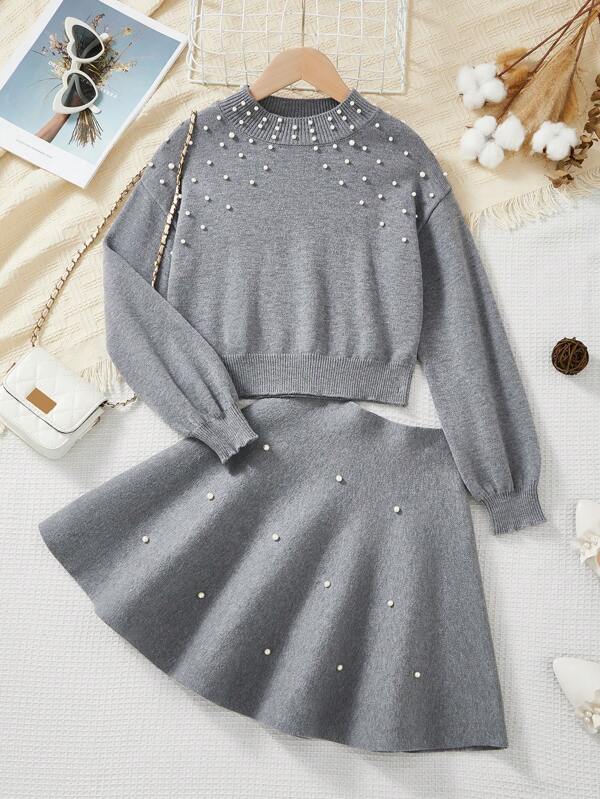 SHEIN Tween Girl Casual Beaded Loose Fit Turtleneck Sweater And Elegant Ruffle Hem Midi Skirt Set, Floral Gray