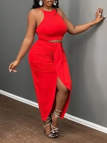 Slaydiva Plus Size Retro Women's Vacation & Elegant & Casual Fitted Solid Color Green Sleeveless Camisole Top And Asymmetrical Hem Skirt 2 Pieces Set With Pattern Decor, Spring/Summer - Red - View 6