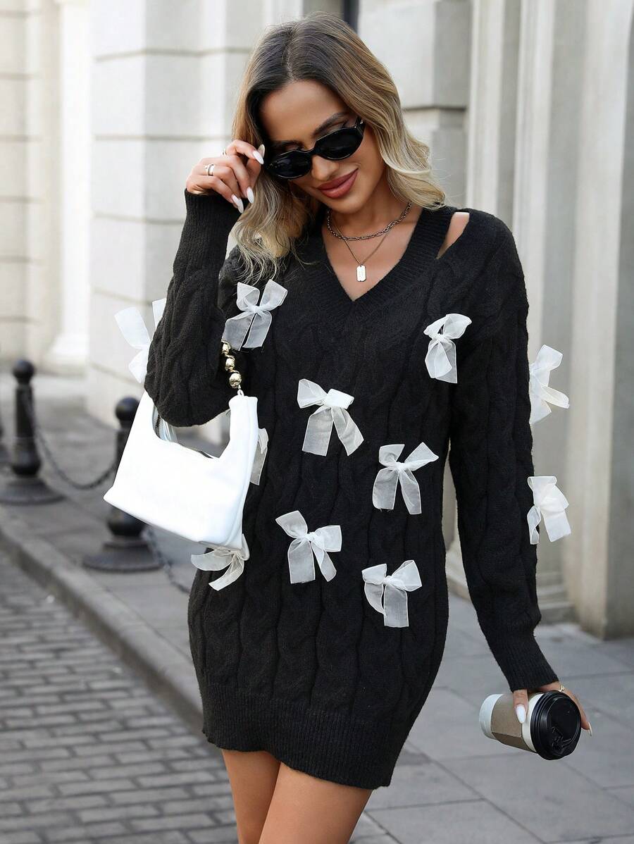 Chiquease 女士蝴蝶结装饰简约休闲针织毛衣，长袖 - 黑色 - 查看 1