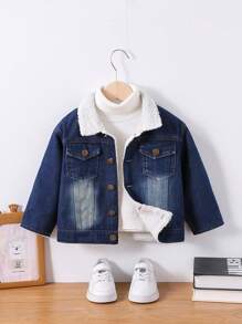 SHEIN 1pc Young Boy Casual Thick Fleece Denim Jacket, Autumn/Winter - Blue - View 7