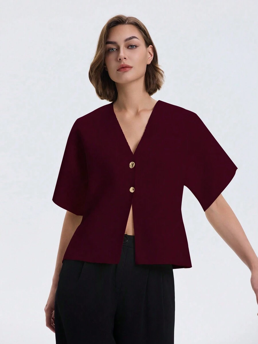 Women's Solid Front Button Casual Drop Shoulder Knit Sweater,Short Sleeve Tops