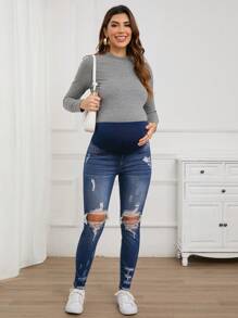 SHEIN Maternity Casual Daily Distressed Skinny Jeans, Spring/Autumn