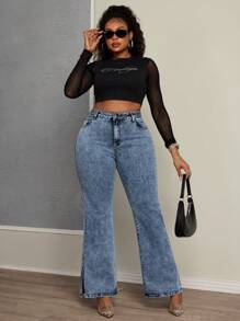 SHEIN SXY Vaqueros azules de cintura alta y elástica para mujer talla grande con dobladillo dividido, pantalones largos versátiles