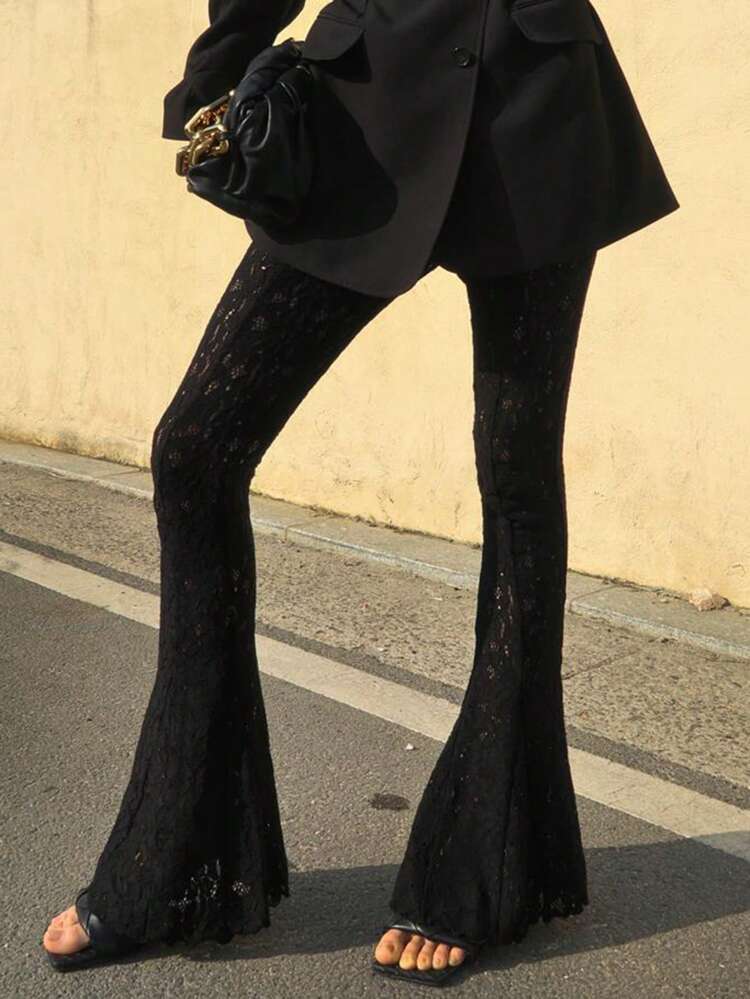 Women's Lace Trim Fitted Flare Leg Pants, Sexy Design, Black, All Season Fall