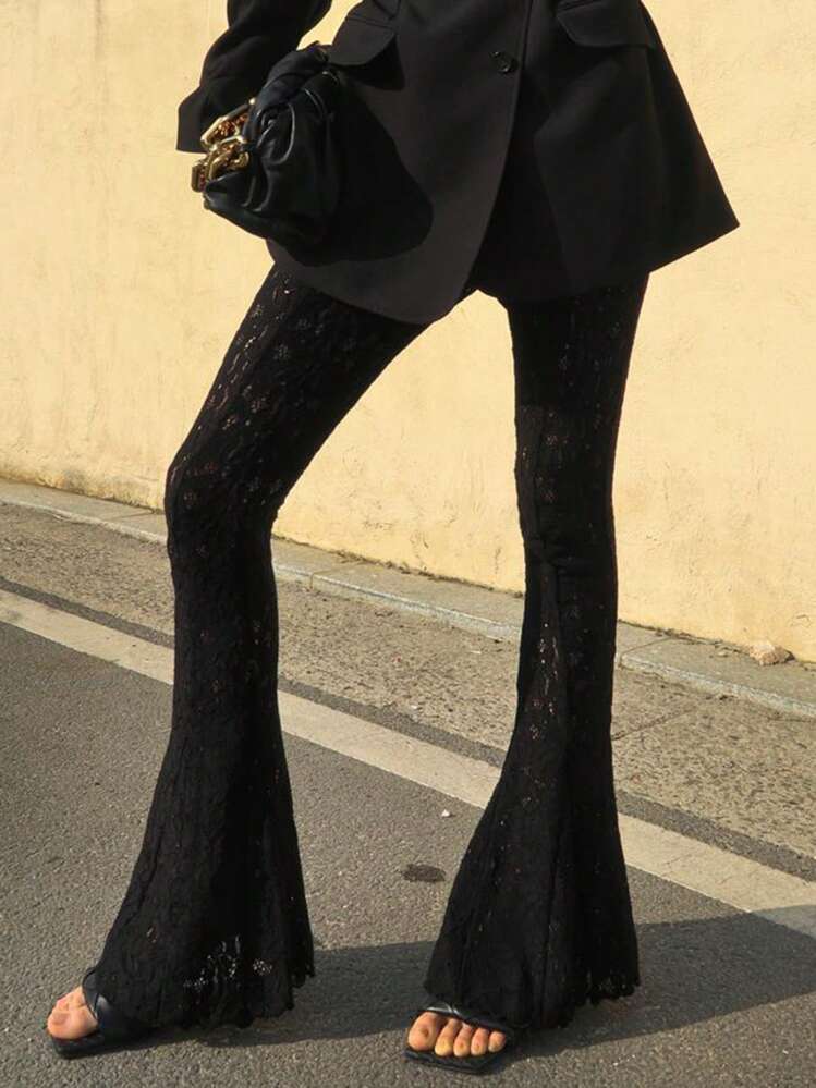 Dámské kalhoty s krajkovým lemem, přiléhavé, volné, sexy design, černé, celoroční, podzim - Černá - Zobrazit 10