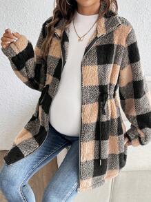 SHEIN Zwangere vrouwen geruite print rits sluiting lange mouw jas, winter, voor zwangerschap