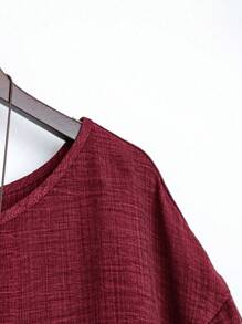 大码休闲纯色纹理不对称下摆衬衫，秋季 - 酒紅色 - 查看 5