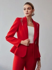 MOTF PREMIUM PEAK COLLAR RHINESTONE DETAIL RUFFLE HEM PARTY BLAZER - Red - View 4