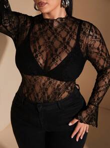 SHEIN BAE Plus Size Curve Women Elegant Party Sexy Sweet See-Through Black Lace Ruffle Cuff Bodysuit Black Long Sleeve Plus Size Sets Fall Turtle Neck Bodysuit One Piece Bodysuit Plus Bodysuit Curve Black Mesh Bodysuit Christmas Outfit Women Going Out Bodysuit - Black - View 8