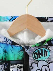 1 件年轻男孩休闲酷蓝绿动漫/漫画全图案数码印花保暖内衬连帽保暖夹克，适合日常和街头风格，秋冬季