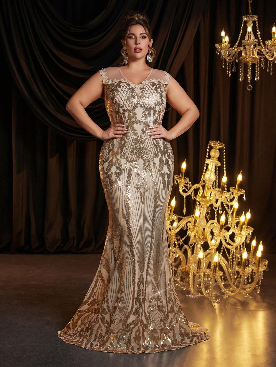 SHEIN Belle Plus Size Lace See-Through Luxury Beaded Fabric Elegant Fishtail Formal Dress For Party, Prom Evening Gown, For Wedding Guest, Graduation, Dinner - Champagne - View 1