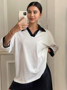 DAZY Women's Casual Loose Contrast Color Drop Shoulder Polo Neck T-Shirt, Summer Oversized T-Shirt