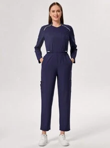 TaskEZ 对比色边饰长袖上衣和裤子护理手术服套装 - 藏蓝色 - 查看 3