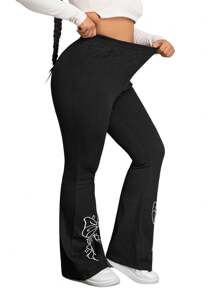 Flexra 大码休闲刺绣蝴蝶结装饰松紧腰部弹力针织喇叭腿牛仔裤 - 黑色 - 查看 7