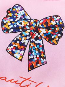 Bộ 2 món/Bộ đồ liền quần in chữ đính cườm và nơ đính cườm cho bé gái và quần legging chắp vá họa tiết đính cườm, mùa thu/đông - Hồng - Xem 4