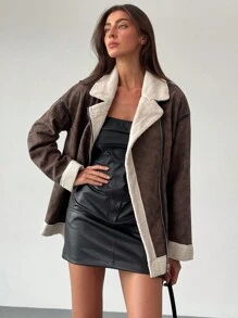 Aloruh 现代休闲保暖绒面羊毛和羊羔绒超大常规版型女式夹克 - 棕色 - 查看 4