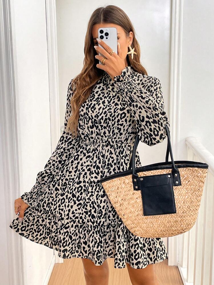 SHEIN Frenchy レオパード柄スタンドカラー長袖ミニワンピース | SHEIN