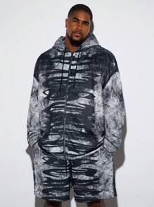 Manfinity VCAY 大码男士宽松印花针织长袖连帽衫和短裤套装，适合秋冬