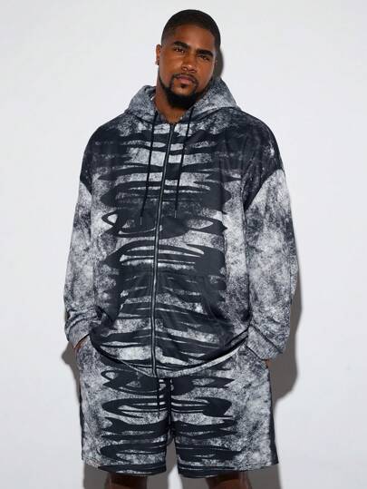 Manfinity VCAY Conjunto de sudadera con capucha y pantalones cortos de punto holgado con estampado para hombres de talla grande, para otoño e invierno