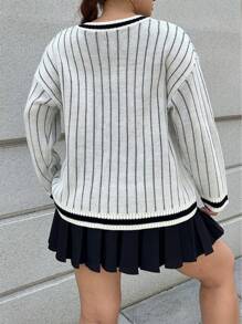 Flirla Plus Size American Casual Flocked English Letter Pattern Pullover Sweater Knit Pullover Fall Winter - Black and White - View 4