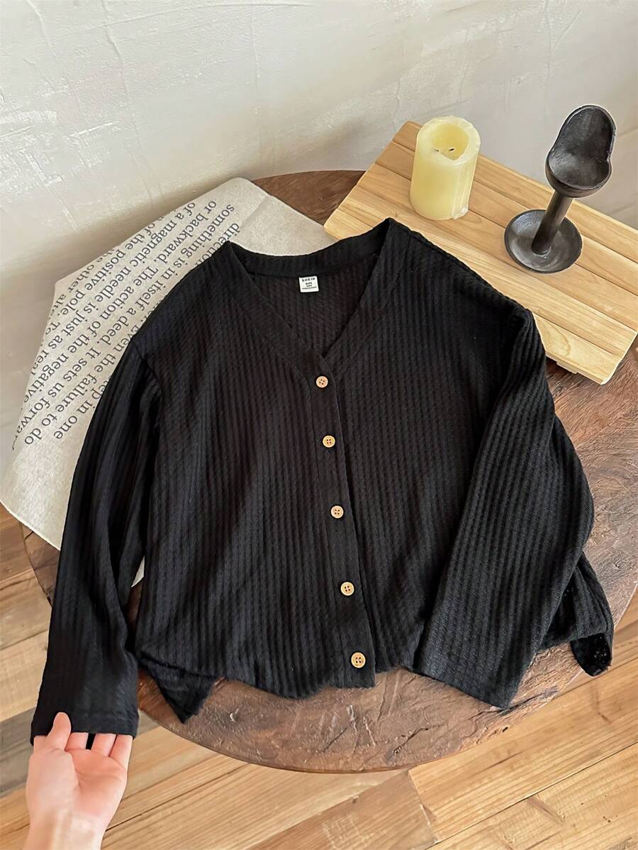 SHEIN Áo len cardigan dài tay màu trơn giản dị thường ngày cho bé gái tuổi mới lớn - màu đen - Xem 1