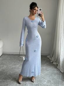 SHEIN Clasi 女士 V 领长袖花卉印花修身优雅针织连衣裙 - 藍色 - 查看 1