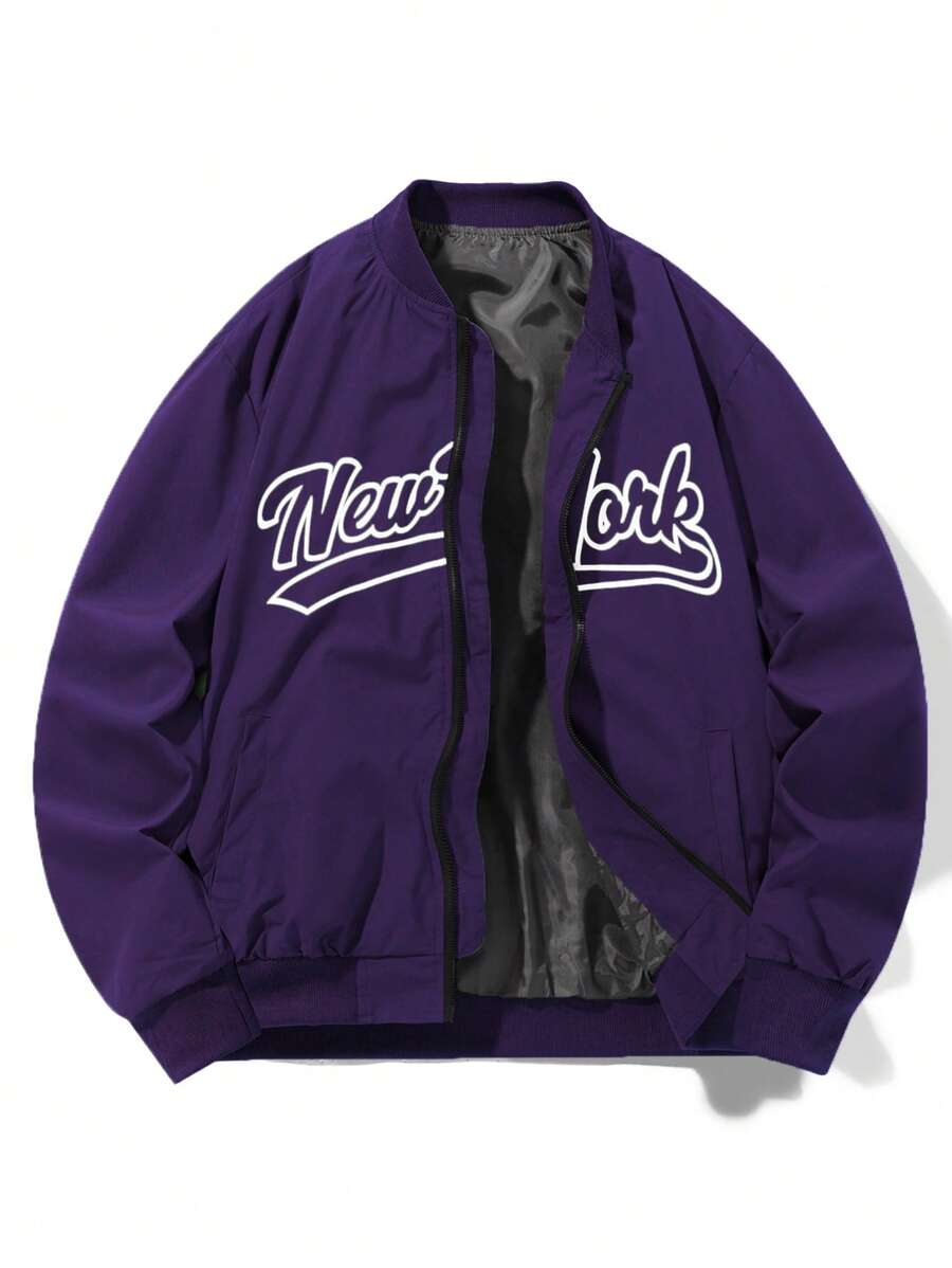Manfinity Homme Men's Autumn Casual Everyday Letter Print Aviator Jacket - Purple - View 1