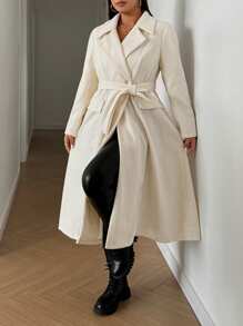 Flirla Plus Size Casual Lapel Flap Detail Loose Tweed Coat, Autumn Fall Cloth For Women - Apricot - View 6