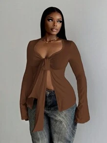 Slaydiva Camiseta con mangas acampanadas y puños con detalle de lazo, de unicolor y estilo casual, para otoño