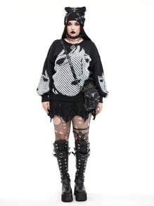 Whyspr Goth Punk Gothic Punk Cartoon Face Intarsia Knit Pullover Sweater Knit Pullover Fall Winter Outfit - Black and White - View 2