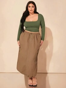 SHEIN BAE 加大码秋季方领褶皱针织紧身长袖 T 恤，优雅百搭通勤上衣