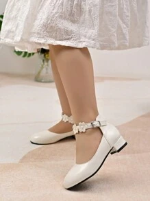 Girls Pearl Flower Decor PU Ankle Strap High Heel Shoes, Suitable For Wedding And Festival - White - View 3