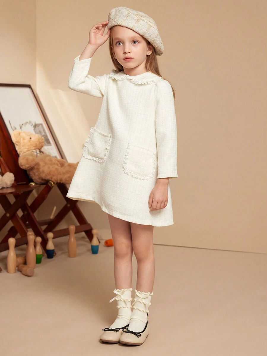 PrepCrw 年轻女孩彼得潘领口袋秋冬法式优雅甜美连衣裙 - 白色 - 查看 1