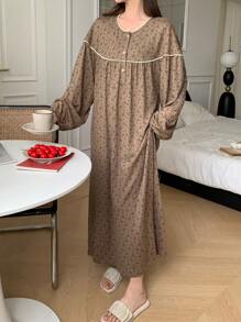 DAZY 褶皱碎花宽松睡裙睡衣，宽松舒适，秋冬款 - 摩卡棕 - 查看 3