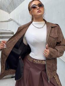 Flirla Damen Jacke in Motorradstil mit Reißverschlusstaschen, winddicht, große Größen, Lässig und Retro, für Herbst/Winter