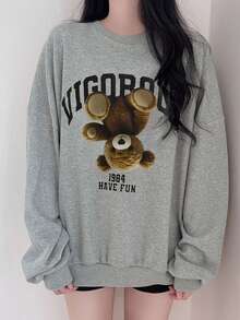DAZY Women Casual Teddy Bear & Letter Print Drop Shoulder Loose Pullover Sweatshirt, Spring/Autumn,Fall Women Clothes - Grey - View 4