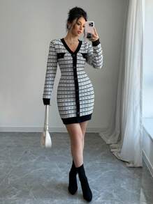 Chiquease 法式 V 领条纹长袖修身女式常规针织连衣裙，百搭秋冬季 - 黑與白 - 查看 7