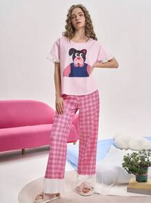 时尚可爱的狗狗格子印花女士睡衣套装 - 彩色 - 查看 6