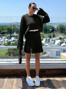 SHEIN Cottnline Pleated Skirt And Rib Pattern Sweater 2 Pcs Set - Black - View 3
