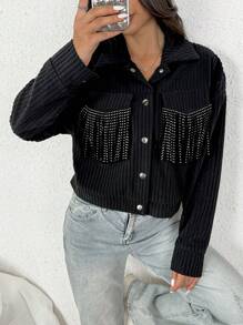 Chiquease 女士金属纽扣流苏装饰罗纹落肩夹克，秋冬季休闲款 - 黑色 - 查看 4