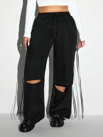 SHEIN ICON Plus Size Women Solid Color Drawstring Waist Ripped Loose Straight Casual Pants