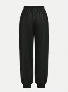 SHEIN 2pcs/Set Tween Girl Oversized Logo Print Hoodie And Sweatpants Outfit - Black - View 7