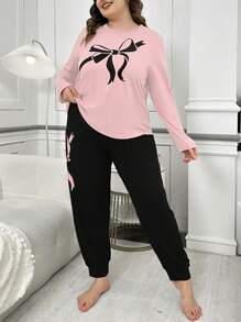 2pcs Plus Size Bow Print Contrast Color Long Sleeve Top & Pants Pajama Set, Sleepwear, Cozy Outfits, Fall Winter Clothes