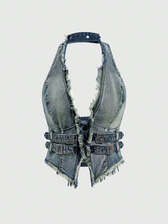 Hippie Top de mezclilla desgastada con cuello en V sexy y estilizada, cierre con botones, para mujer, estilo streetwear Y2K