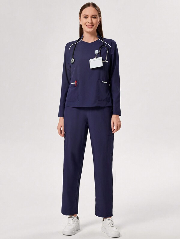 TaskEZ Contrast Trim Long Sleeve Top And Pants Nursing Scrub Uniform Set
