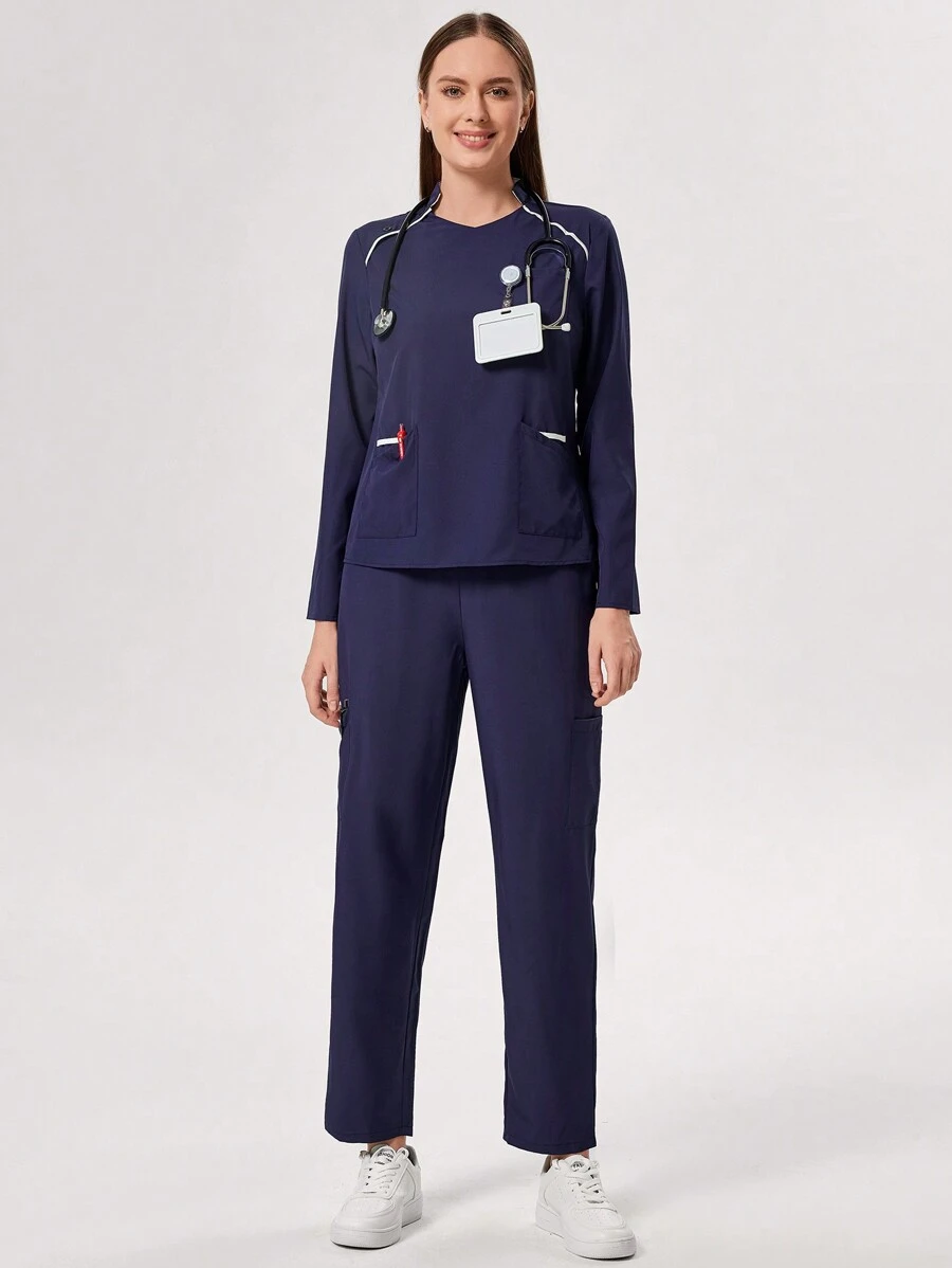 TaskEZ 对比色边饰长袖上衣和裤子护理手术服套装 - 藏蓝色 - 查看 1
