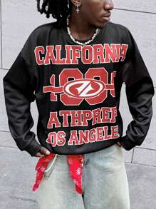 Manfinity VCAY Men's Street Style Letter & Numeric Print Drop Shoulder Loose Fit Black Pullover Sweatshirt, For Fall Winter - Black - View 5